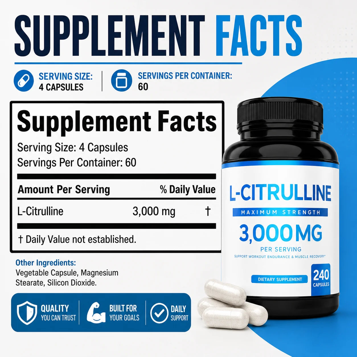 L Citrulline 3000mg Vegan Supplement For Workout Recovery