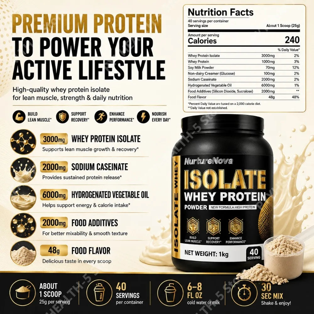 1kg Whey Protein Isolate Powder Vanilla 40 Servings