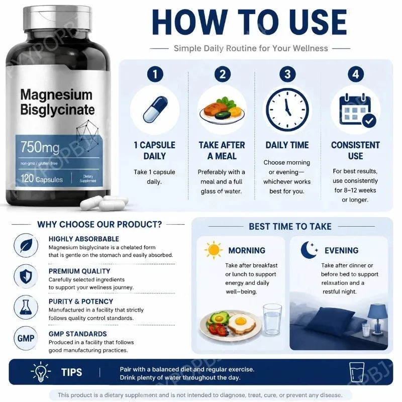 Magnesium Bisglycinate 750mg Capsules For Relaxation Bone Health