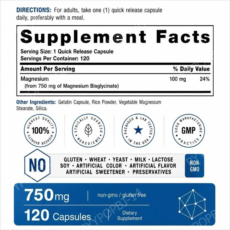 Magnesium Bisglycinate 750mg Capsules For Relaxation Bone Health