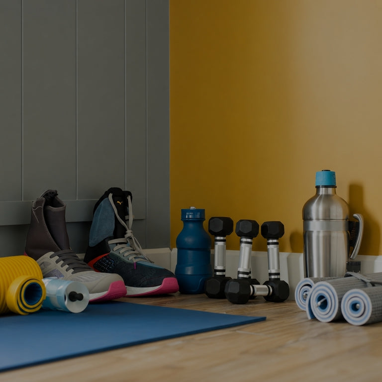 A gym workout setup with a blue exercise mat, gray and white sneakers, dumbbells, a blue water bottle, a stainless steel water bottle, and rolled-up resistance bands on a wooden floor against a yellow and gray wall.